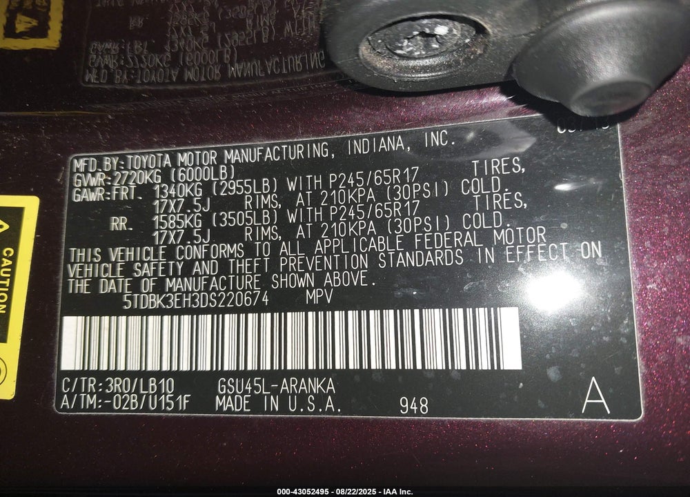 2013 TOYOTA HIGHLANDER VIN: 5TDBK3EH3DS220674