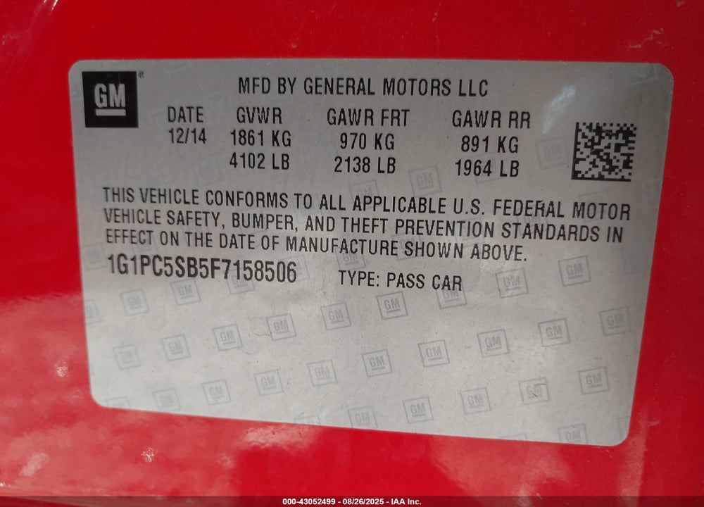 2015 CHEVROLET CRUZE VIN: 1G1PC5SB5F7158506