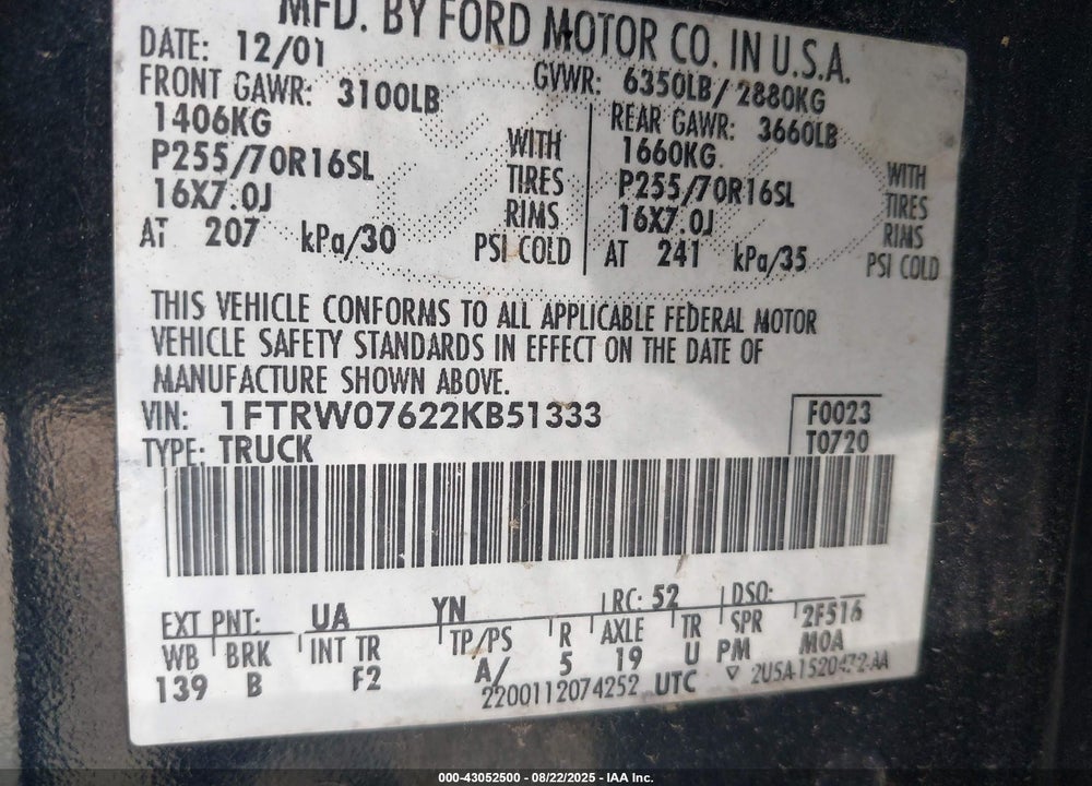 2002 FORD F-150 LARIAT/XLT VIN: 1FTRW07622KB51333
