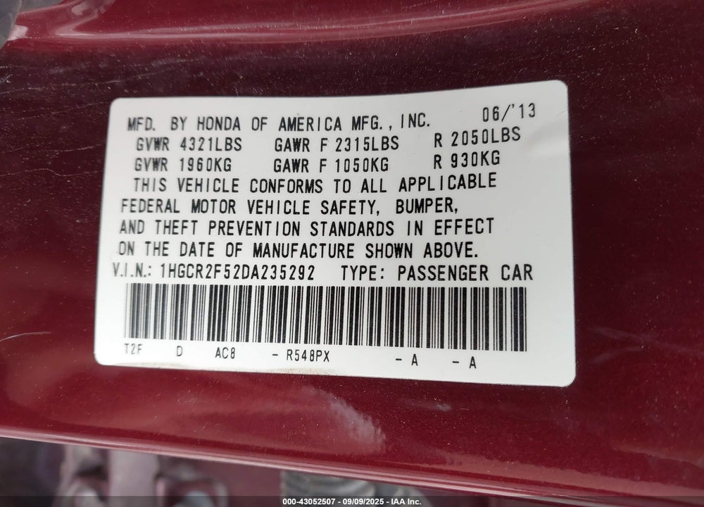 2013 HONDA ACCORD VIN: 1HGCR2F52DA235292
