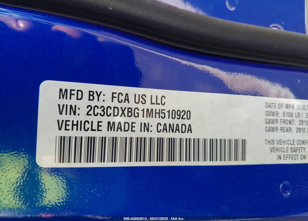 2021 DODGE CHARGER VIN: 2C3CDXBG1MH510920