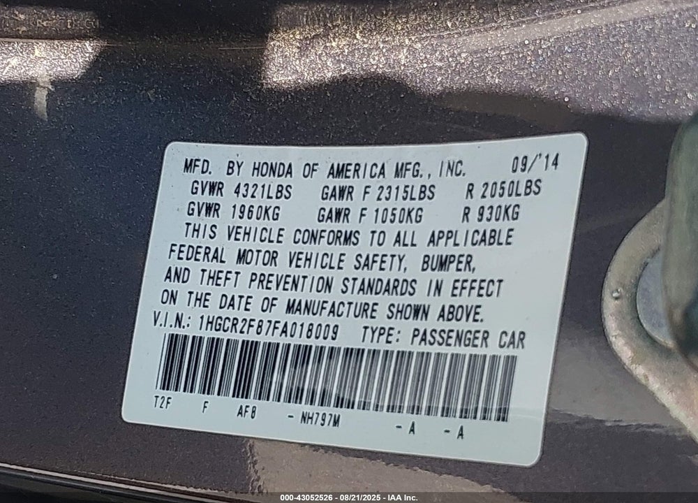 2015 HONDA ACCORD EX-L VIN: 1HGCR2F87FA018009