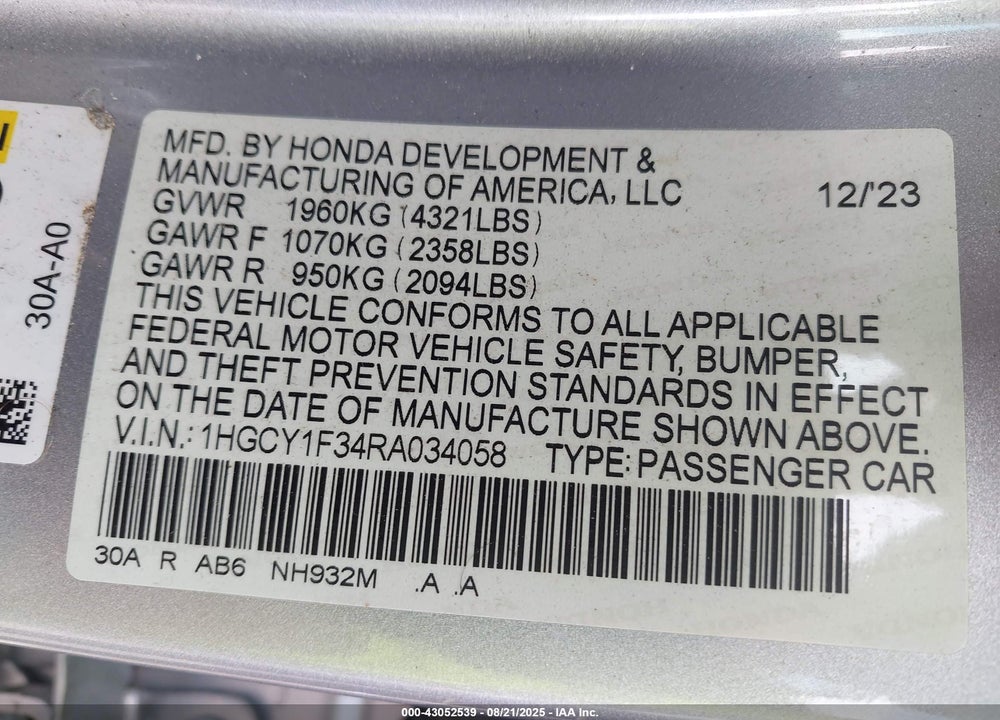 2024 HONDA ACCORD VIN: 1HGCY1F34RA034058