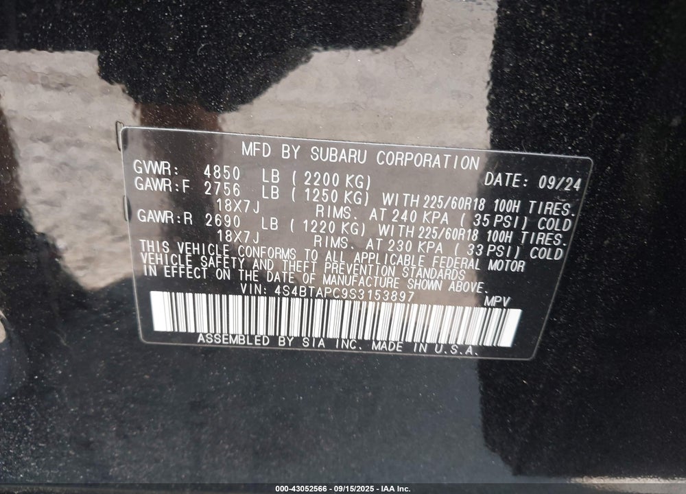 2025 SUBARU OUTBACK TOURING VIN: 4S4BTAPC9S3153897
