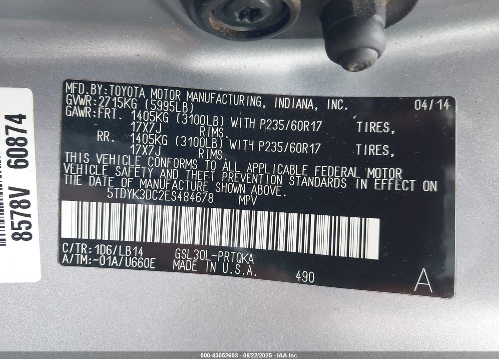 2014 TOYOTA SIENNA VIN: 5TDYK3DC2ES484678