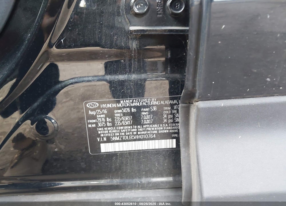 2017 HYUNDAI SANTA FE VIN: 5NMZTDLB5HH010764