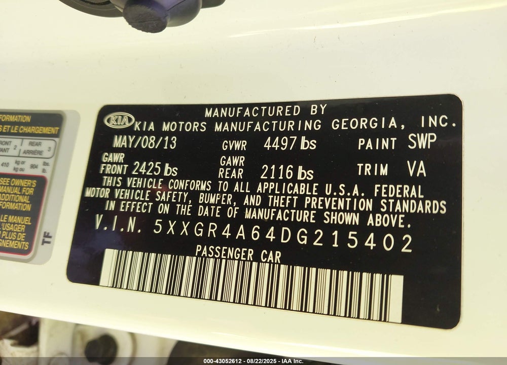 2013 KIA OPTIMA VIN: 5XXGR4A64DG215402