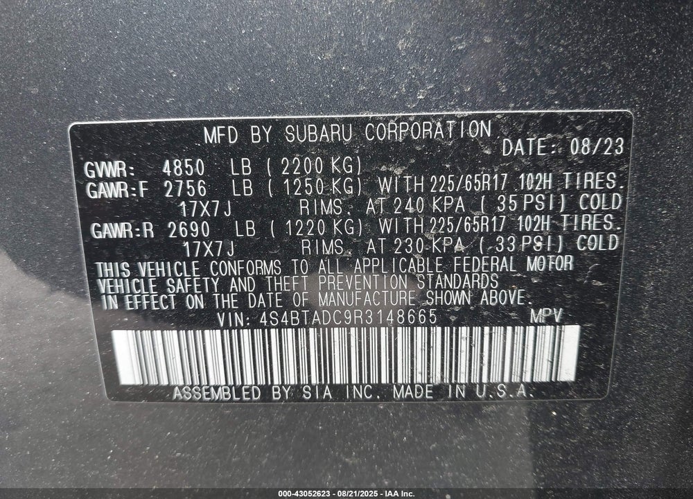 2024 SUBARU OUTBACK PREMIUM VIN: 4S4BTADC9R3148665