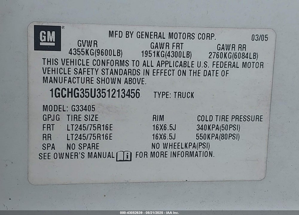 2005 CHEVROLET EXPRESS VIN: 1GCHG35U351213456