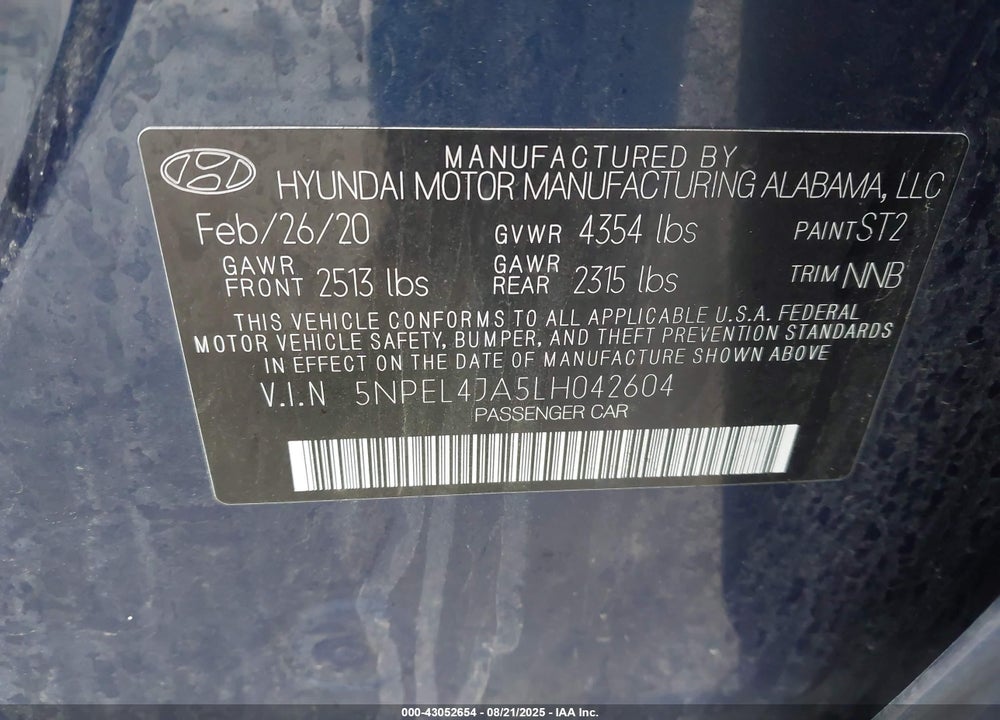 2020 HYUNDAI SONATA SEL VIN: 5NPEL4JA5LH042604