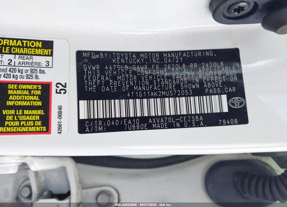 2021 TOYOTA CAMRY VIN: 4T1G11AK2MU572053