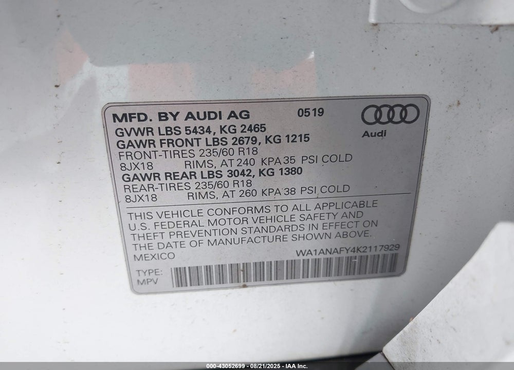 2019 AUDI Q5 45 PREMIUM VIN: WA1ANAFY4K2117929