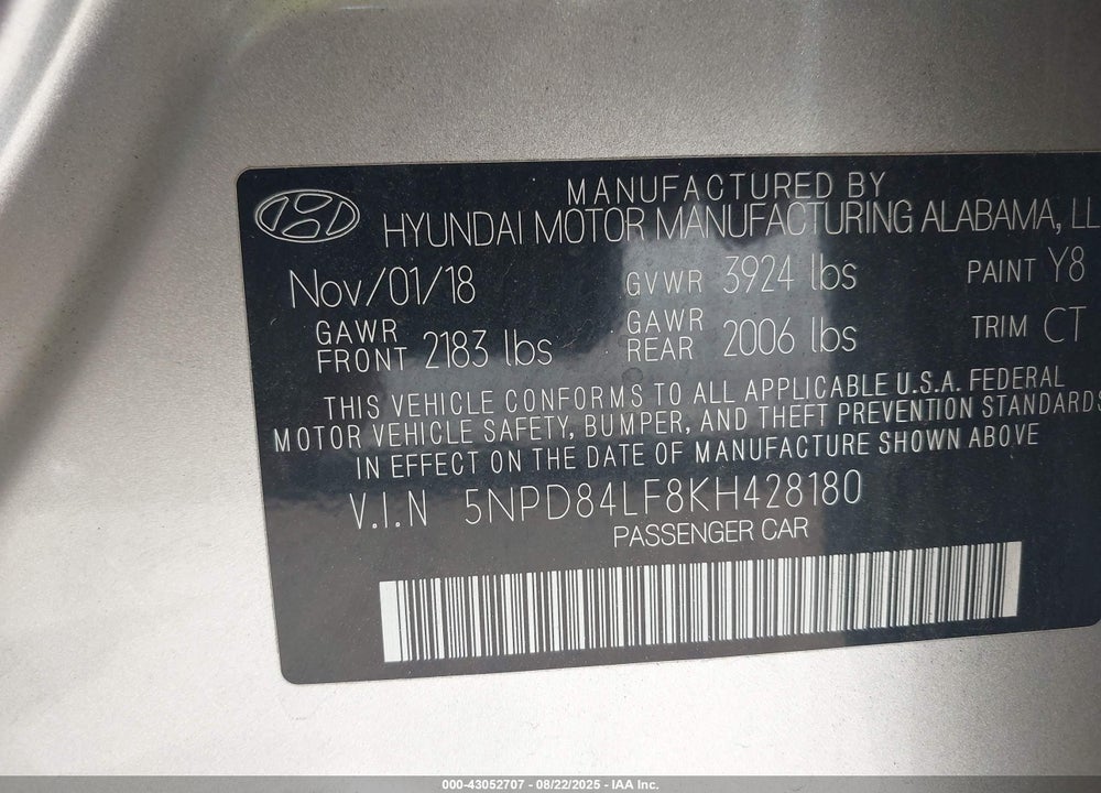 2019 HYUNDAI ELANTRA VIN: 5NPD84LF8KH428180