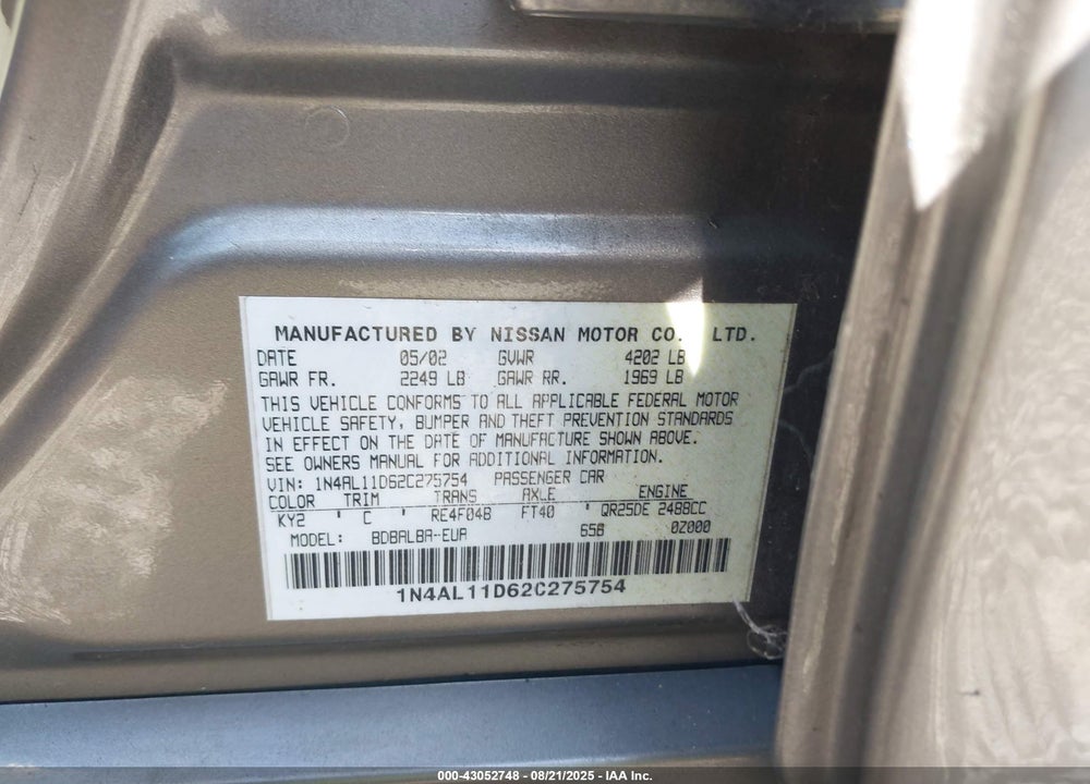 2002 NISSAN ALTIMA 2.5 SL VIN: 1N4AL11D62C275754