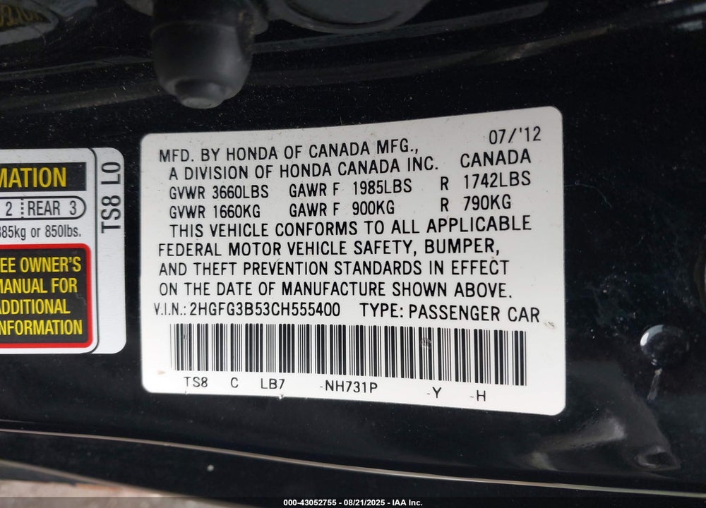 2012 HONDA CIVIC VIN: 2HGFG3B53CH555400