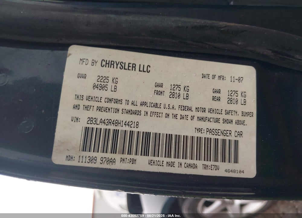 2008 DODGE CHARGER VIN: 2B3LA43R48H144218