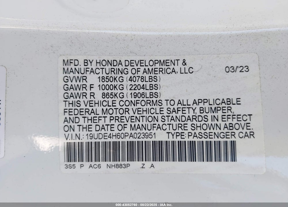 2023 ACURA INTEGRA VIN: 19UDE4H60PA023951