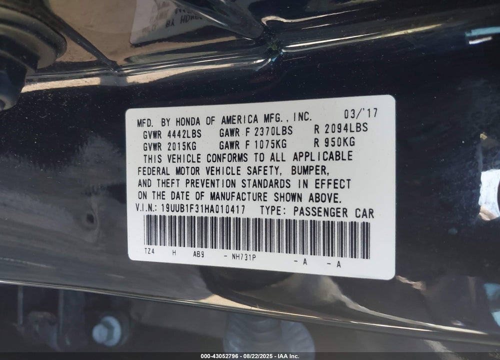 2017 ACURA TLX VIN: 19UUB1F31HA010417