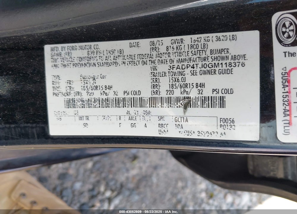 2016 FORD FIESTA VIN: 3FADP4TJ0GM118376