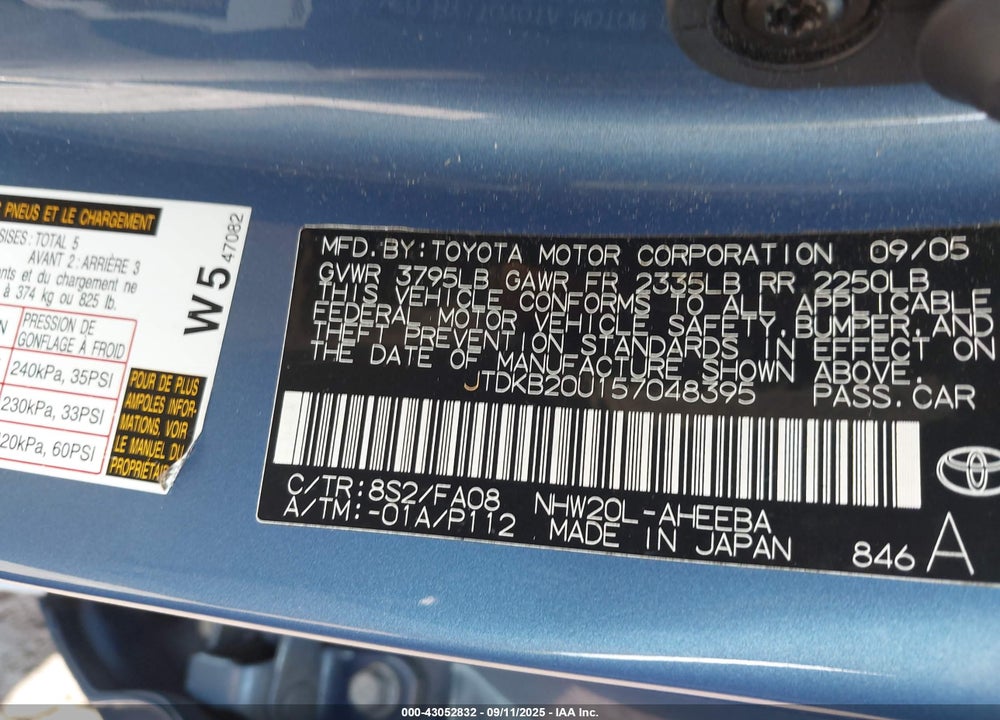 2005 TOYOTA PRIUS VIN: JTDKB20U157048395