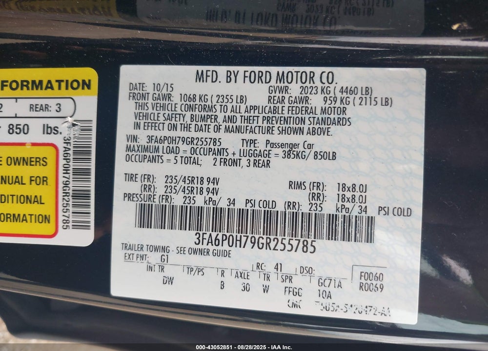 2016 FORD FUSION VIN: 3FA6P0H79GR255785