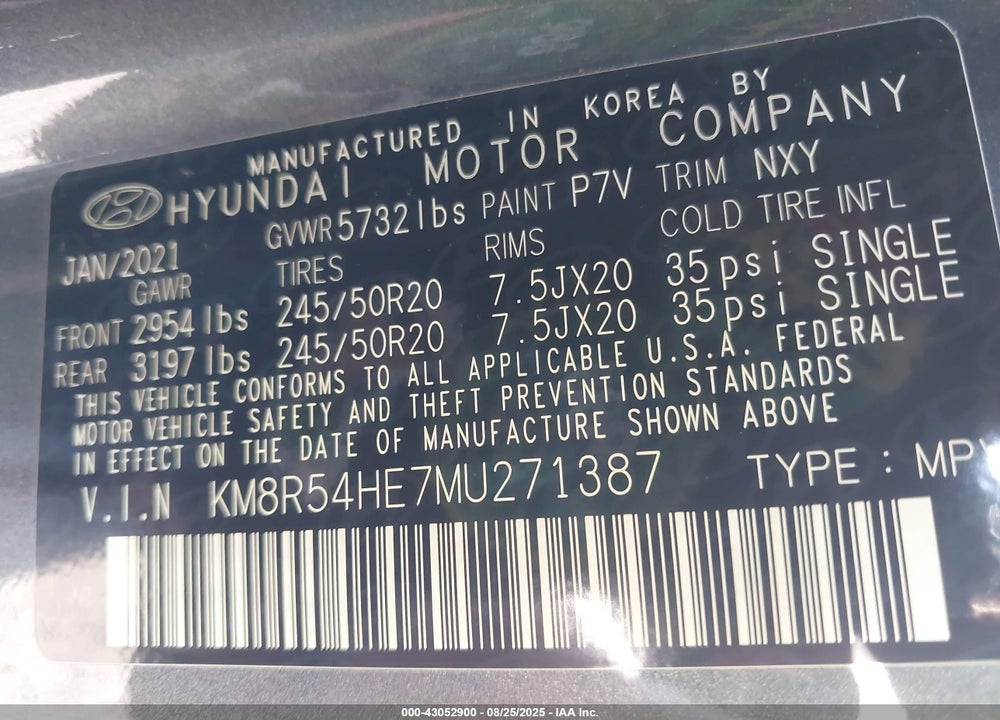 2021 HYUNDAI PALISADE VIN: KM8R54HE7MU271387