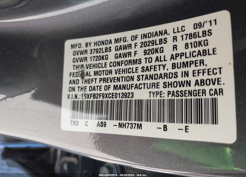 2012 HONDA CIVIC VIN: 19XFB2F9XCE013923