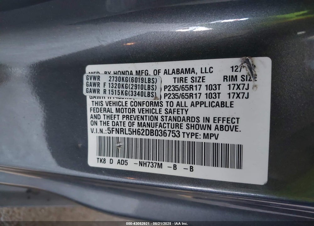 2013 HONDA ODYSSEY VIN: 5FNRL5H62DB036753
