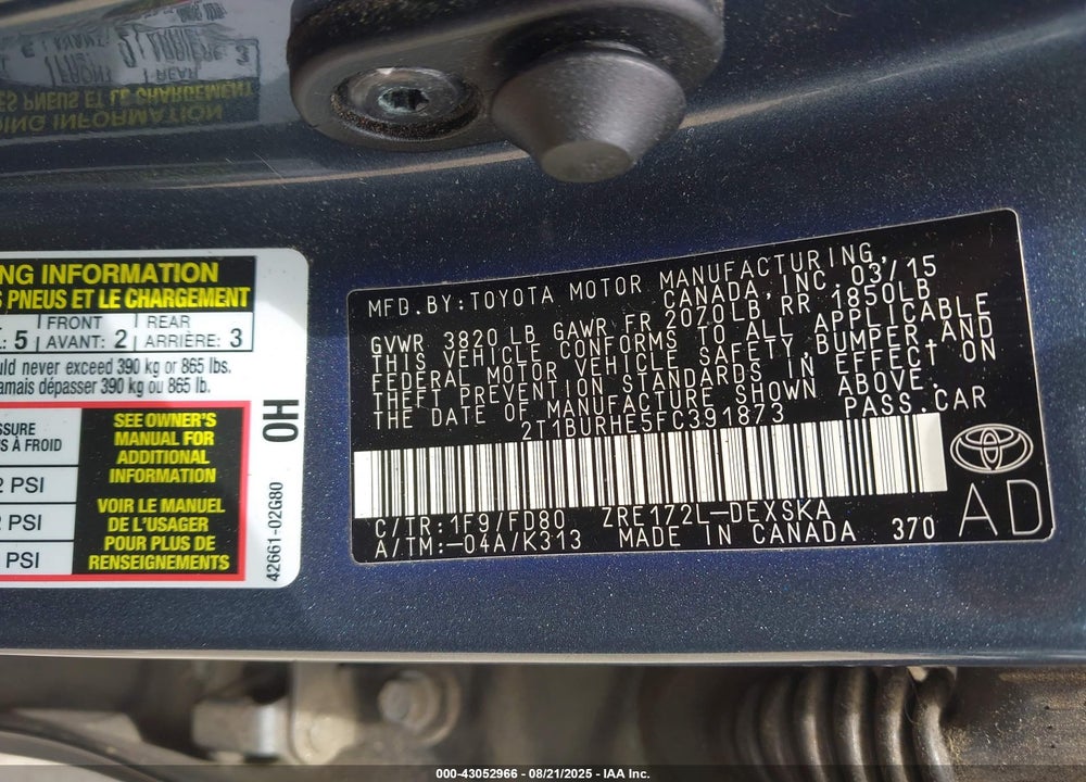 2015 TOYOTA COROLLA VIN: 2T1BURHE5FC391873