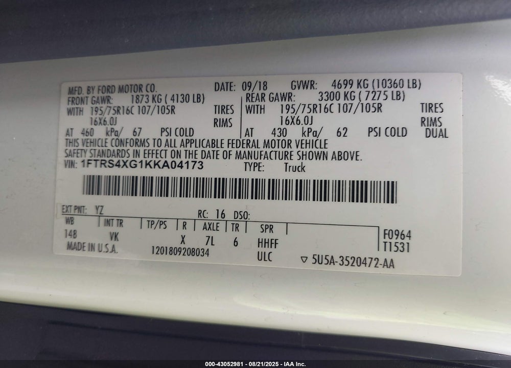 2019 FORD TRANSIT-350 VIN: 1FTRS4XG1KKA04173