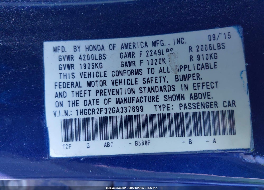 2016 HONDA ACCORD LX VIN: 1HGCR2F32GA037699