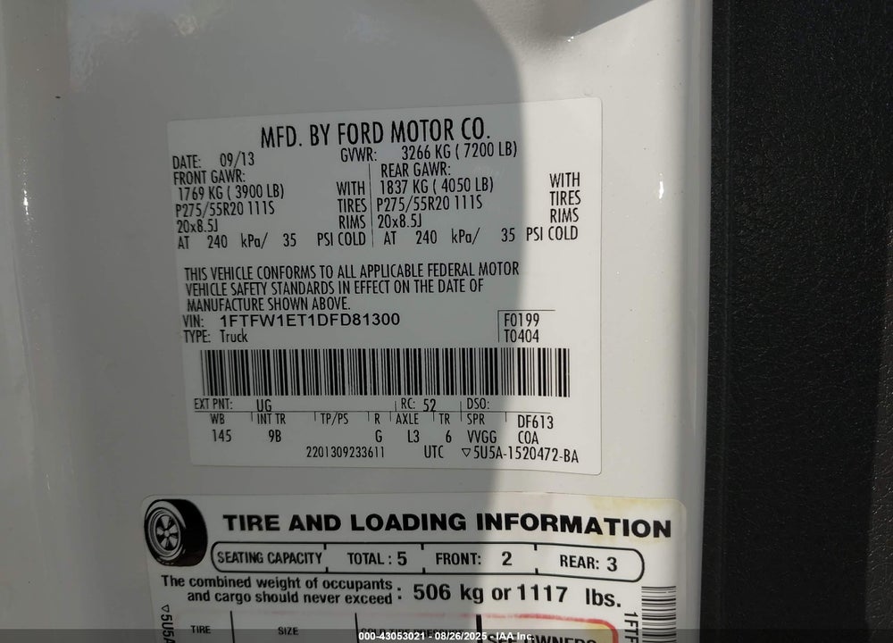 2013 FORD F-150 VIN: 1FTFW1ET1DFD81300