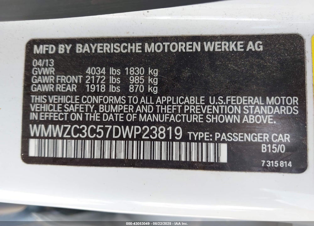2013 MINI COUNTRYMAN VIN: WMWZC3C57DWP23819
