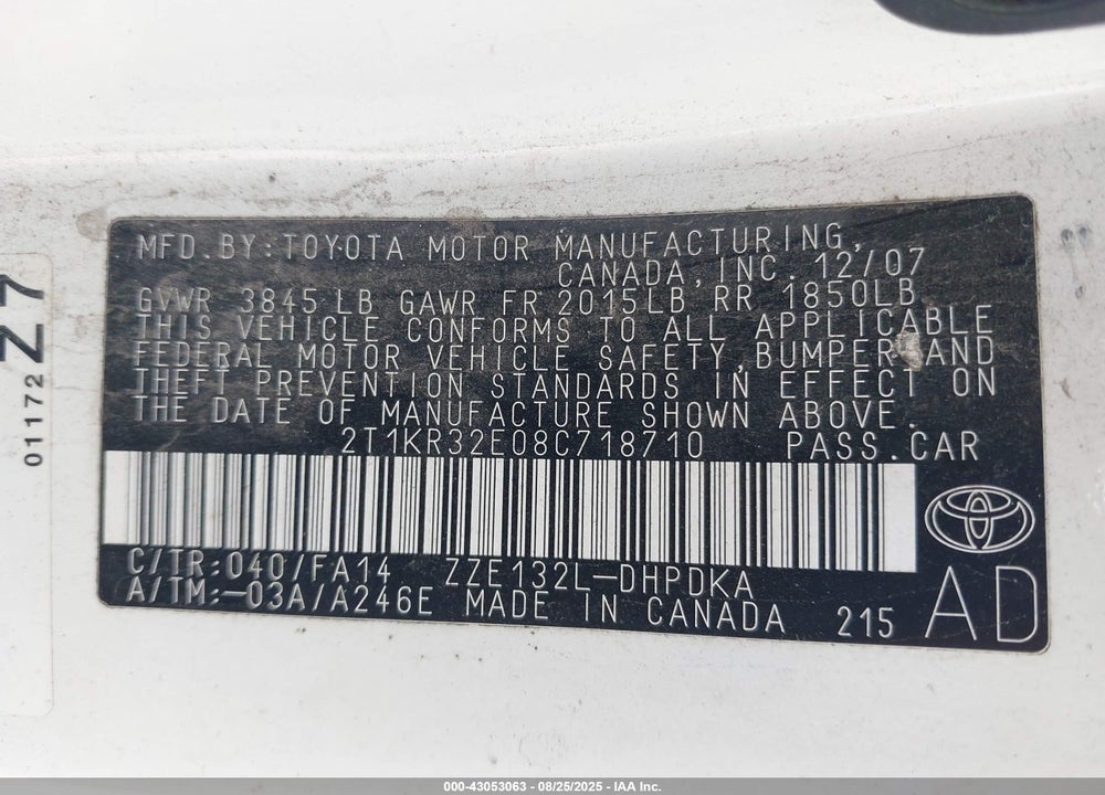 2008 TOYOTA MATRIX VIN: 2T1KR32E08C718710