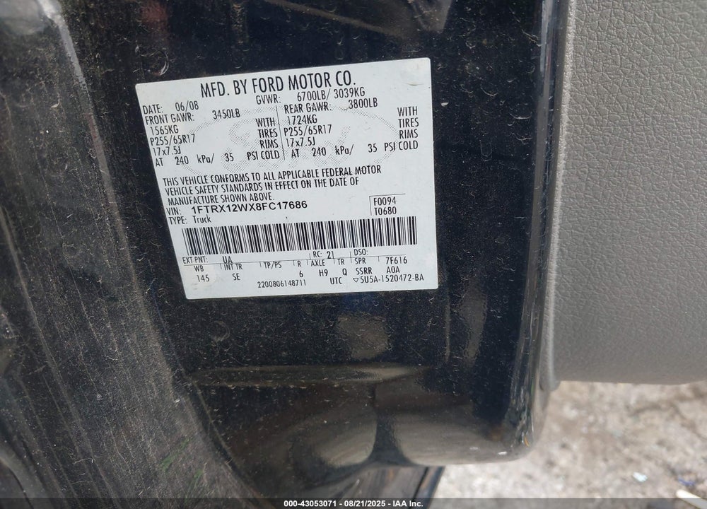 2008 FORD F-150 FX2/STX/XL/XLT VIN: 1FTRX12WX8FC17686