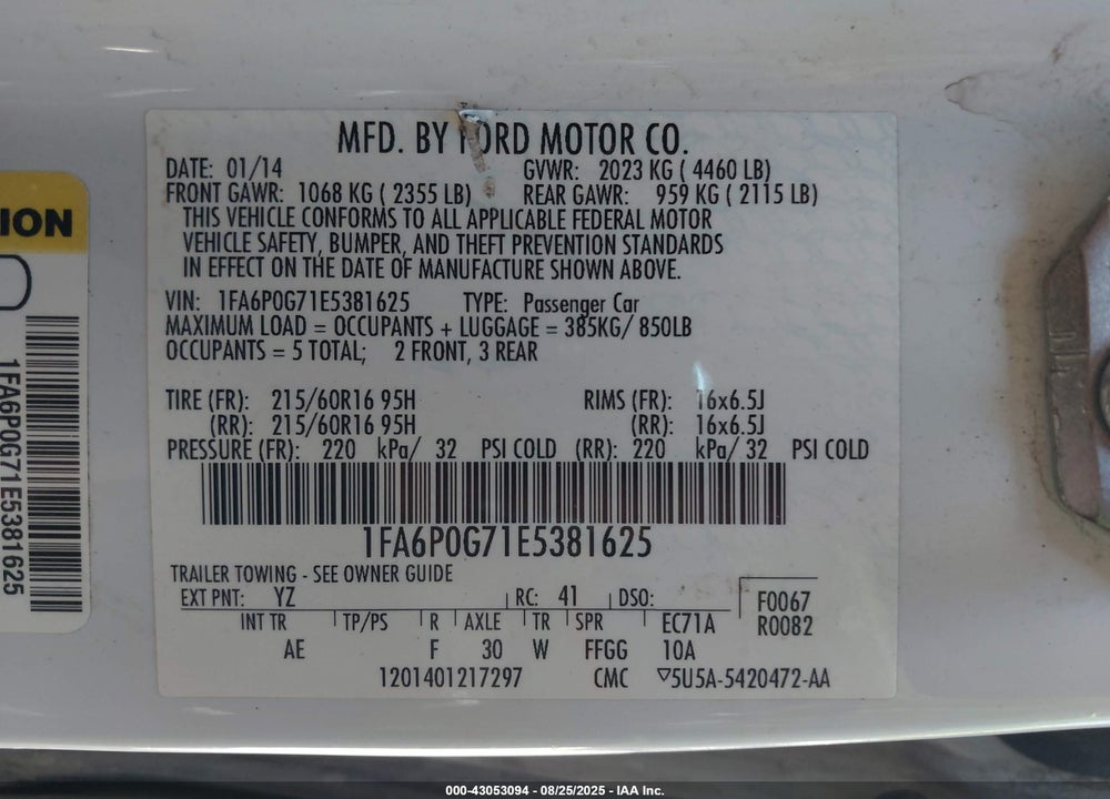 2014 FORD FUSION VIN: 1FA6P0G71E5381625