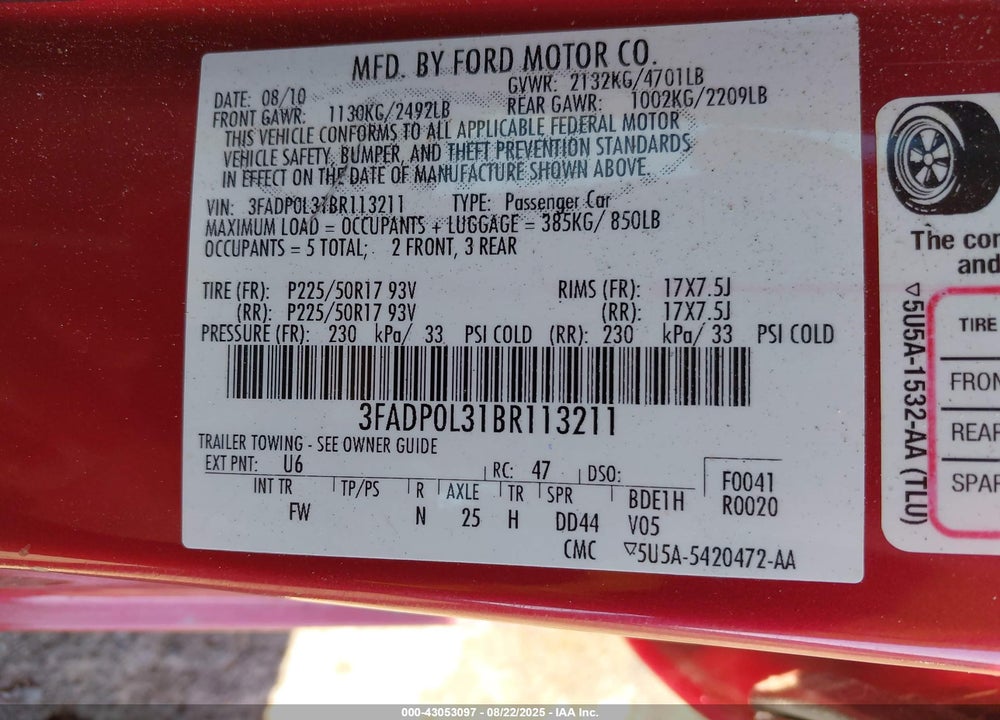 2011 FORD FUSION HYBRID VIN: 3FADP0L31BR113211