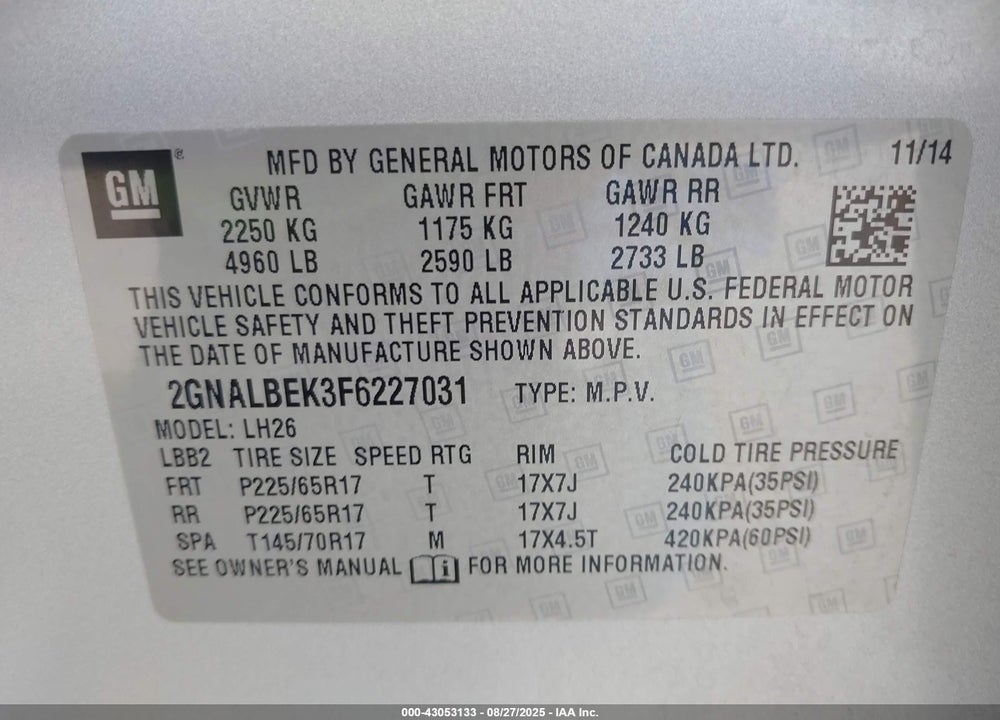 2015 CHEVROLET EQUINOX VIN: 2GNALBEK3F6227031
