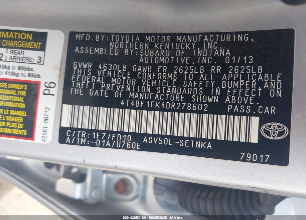 2013 TOYOTA CAMRY VIN: 4T4BF1FK4DR278602