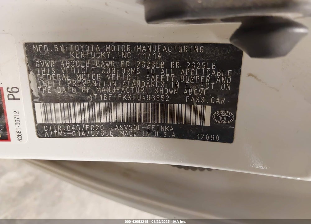 2015 TOYOTA CAMRY VIN: 4T1BF1FKXFU493852