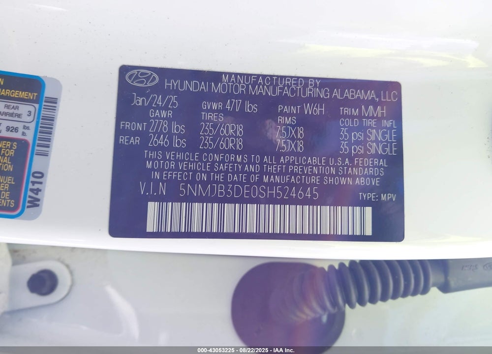 2025 HYUNDAI TUCSON VIN: 5NMJB3DE0SH524645