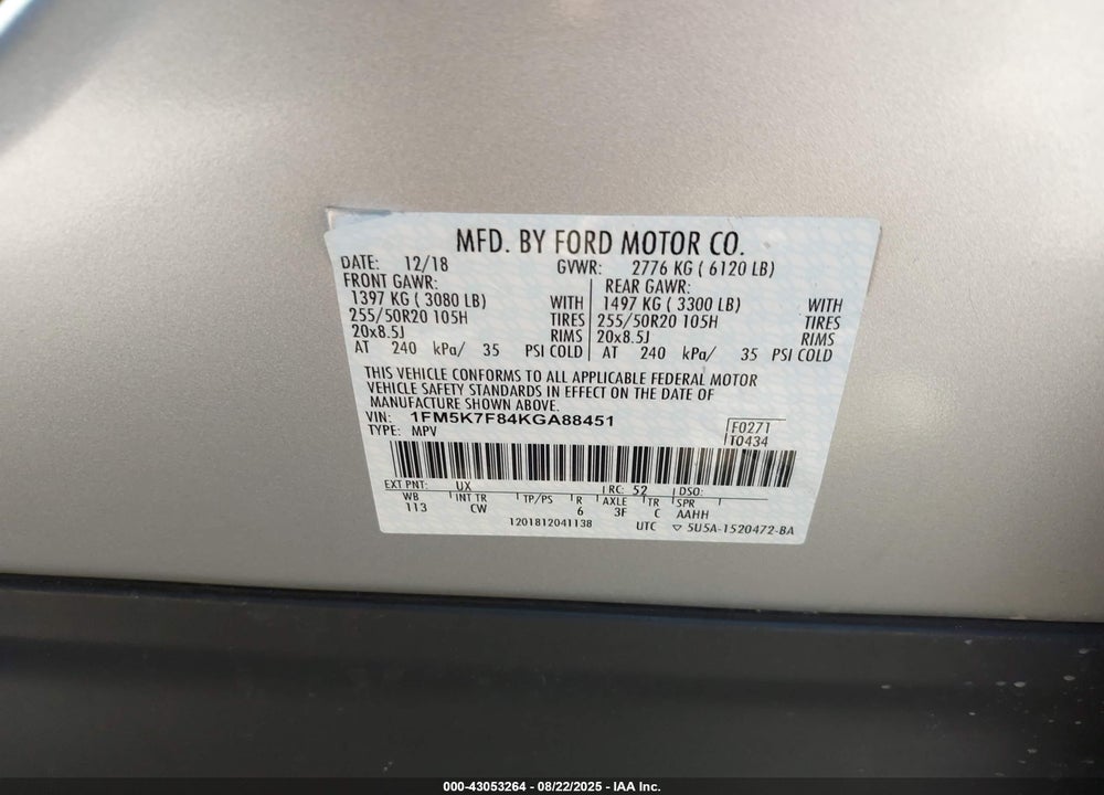 2019 FORD EXPLORER LIMITED VIN: 1FM5K7F84KGA88451