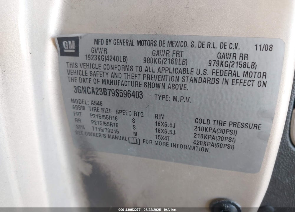 2009 CHEVROLET HHR LT VIN: 3GNCA23B79S596403