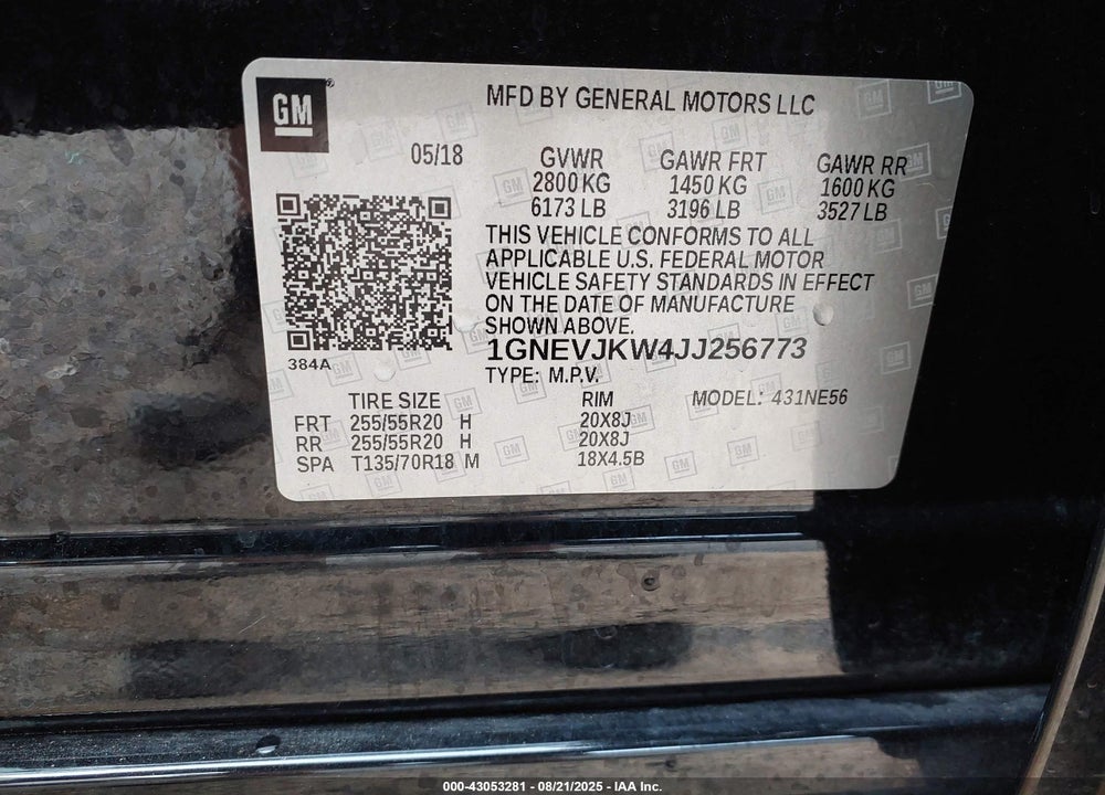 2018 CHEVROLET TRAVERSE VIN: 1GNEVJKW4JJ256773
