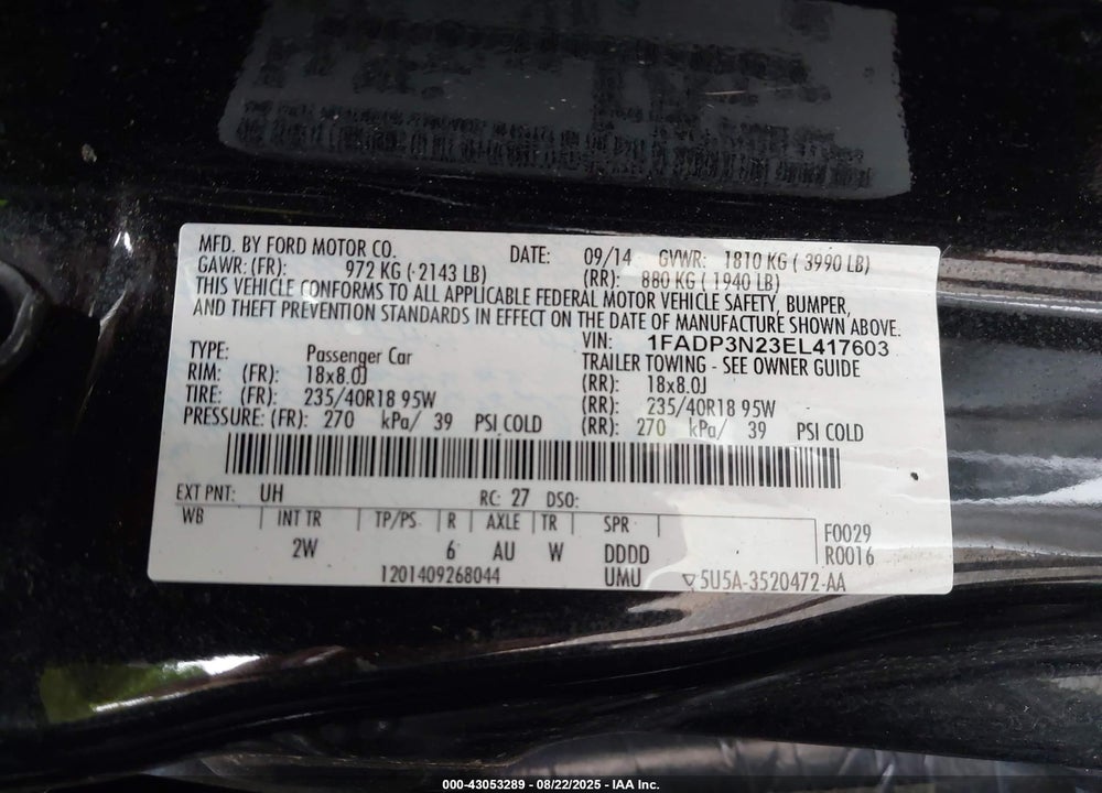 2014 FORD FOCUS VIN: 1FADP3N23EL417603