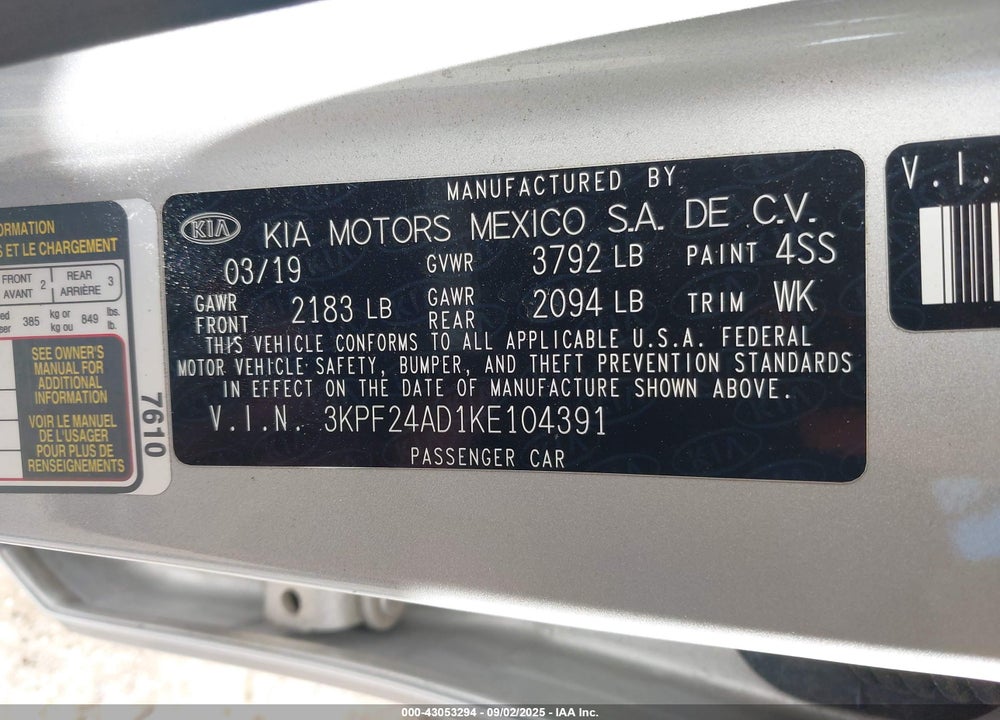 2019 KIA FORTE VIN: 3KPF24AD1KE104391