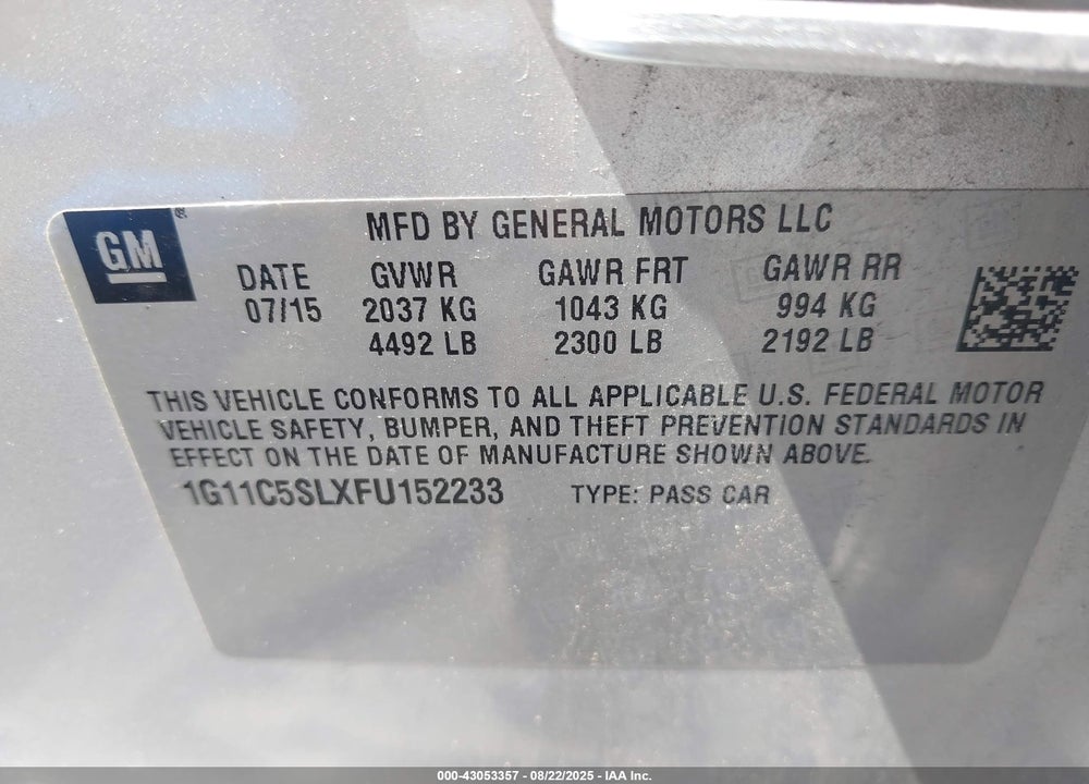 2015 CHEVROLET MALIBU 1LT VIN: 1G11C5SLXFU152233