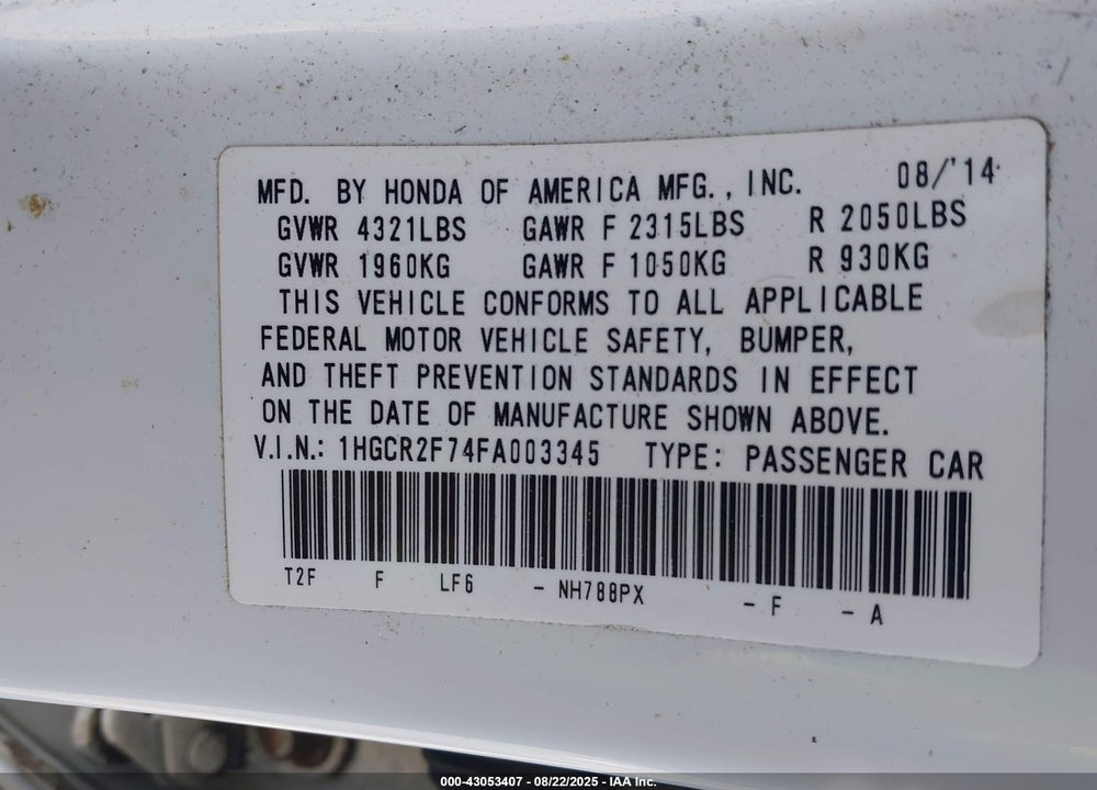 2015 HONDA ACCORD VIN: 1HGCR2F74FA003345