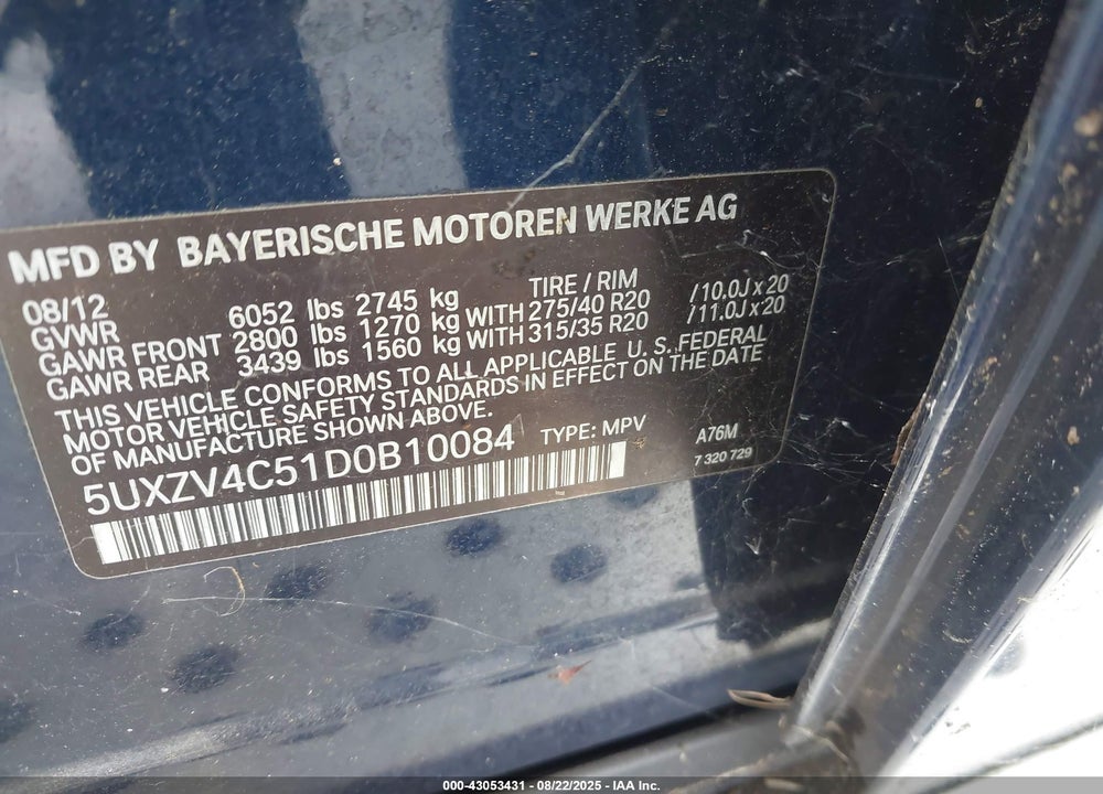 2013 BMW X5 XDRIVE35I/XDRIVE35I PREMIUM/XDRIVE35I SPORT ACTIVITY VIN: 5UXZV4C51D0B10084