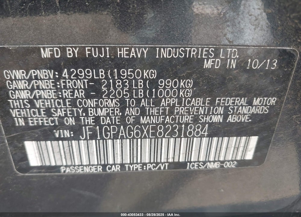 2014 SUBARU IMPREZA VIN: JF1GPAG6XE8231884